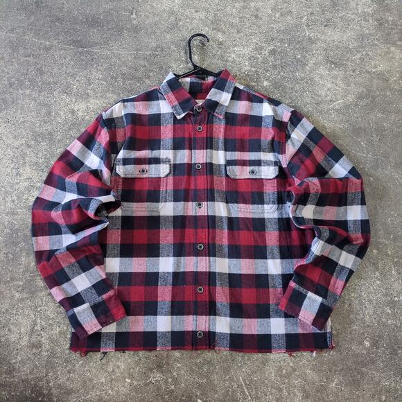 JACHS Crop Flannel Shirt Mens L Red Plaid Button Down Grunge Retro Y2K - Picture 1 of 7